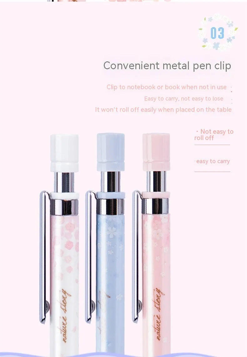Cartoon automatic pencil set showing three 0.5mm pencils and HB refill boxes in mixed colours