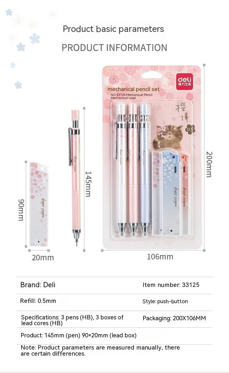 Cartoon automatic pencil set showing three 0.5mm pencils and HB refill boxes in mixed colours