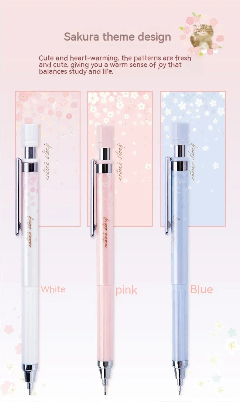Cartoon automatic pencil set showing three 0.5mm pencils and HB refill boxes in mixed colours