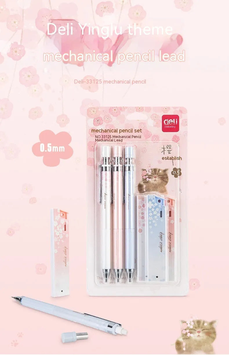 Cartoon automatic pencil set showing three 0.5mm pencils and HB refill boxes in mixed colours