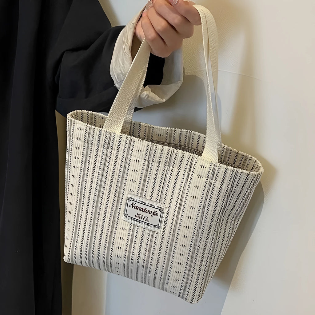 Japanese style corduroy handbag with adjustable strap in ivory white, grey, or dark brown colour