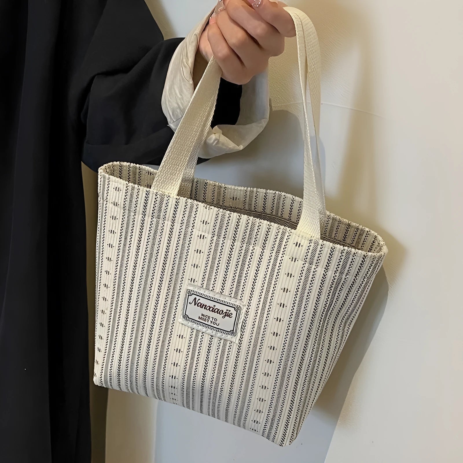 Japanese style corduroy handbag with adjustable strap in ivory white, grey, or dark brown colour