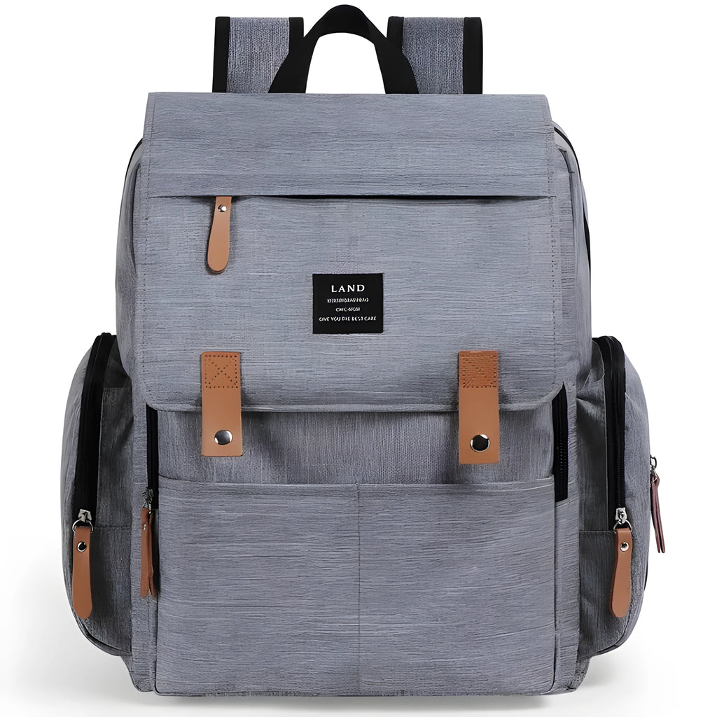 LAND Mommy Diaper Backpack in oxford cloth with changing mat, shown in grey colour.