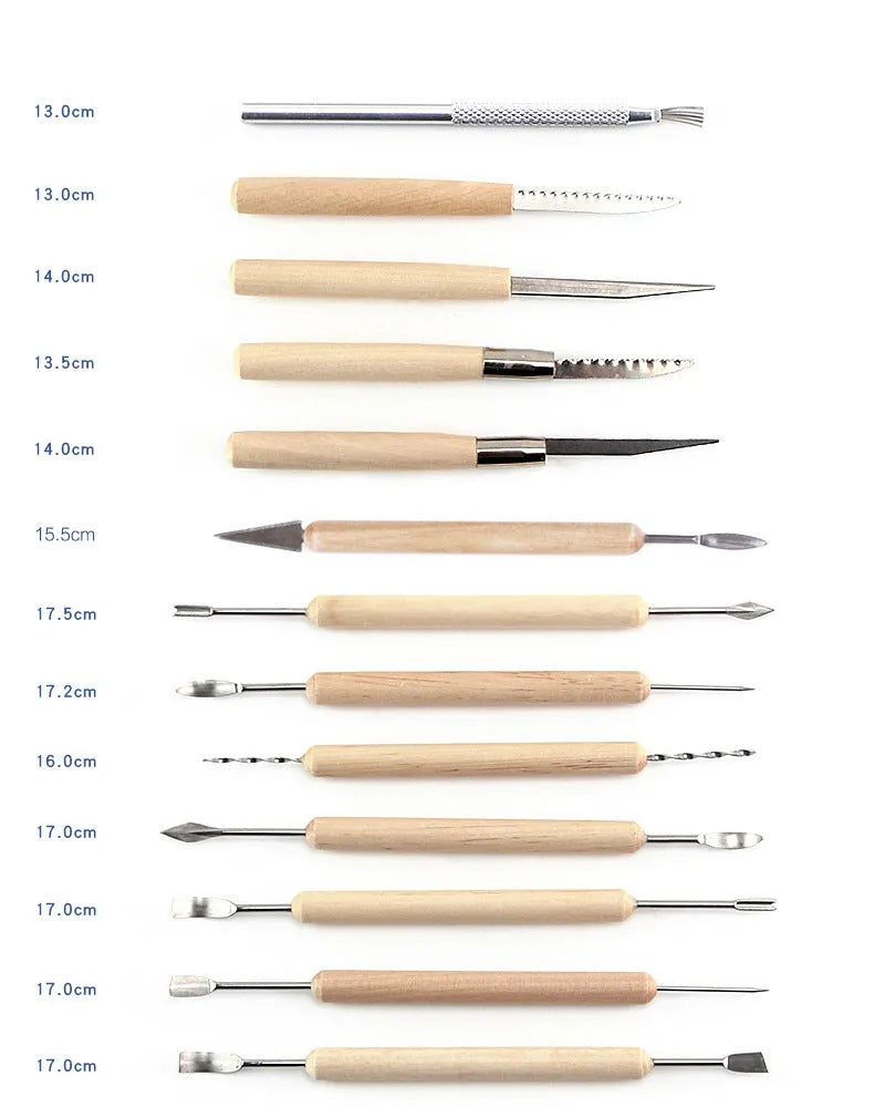 27-piece pottery clay tool set with stainless steel, wooden, and plastic tools in roll package
