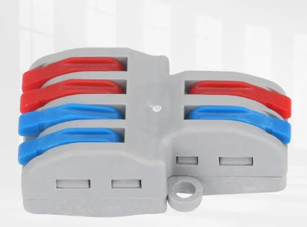 A 32A quick wire connector with a fire insulation shell, shown with wire insertion points.