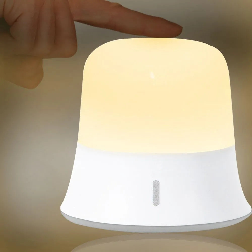 White touch-control bedside night light showing compact 93mm by 110mm design with dimmable LED.