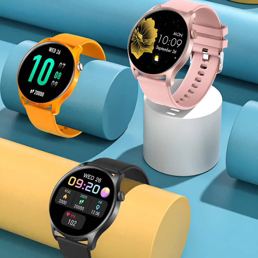 Pink smart watch with silicone wristband showing heart rate and blood pressure on its 1.3-inch screen
