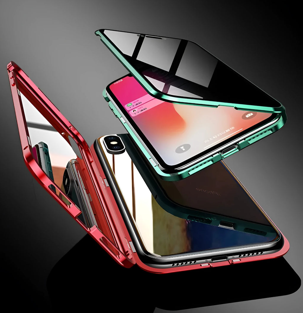 Black anti-peeping magnetic clamshell phone case for Samsung Galaxy smartphones shown closed.