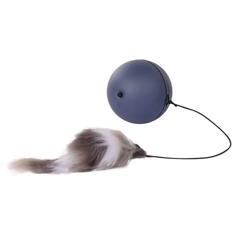 Automatic cat toy mouse teaser ball with plush mouse in blue orange and dark gray on floor