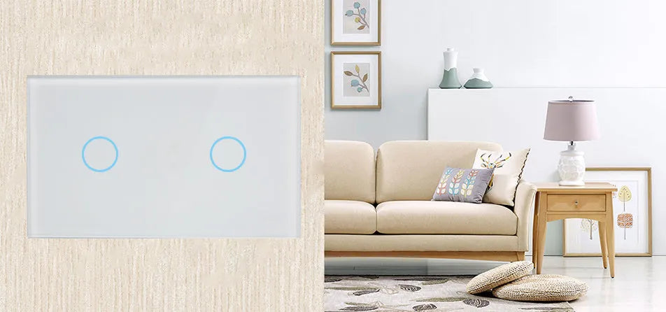 Two-gang tempered glass touch light switch with RF remote control in white, black or gold finish