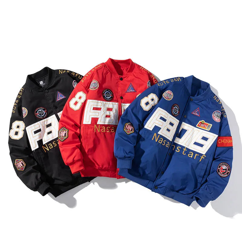 Motorcycle baseball uniform jacket in black with removable hood and side seam pockets