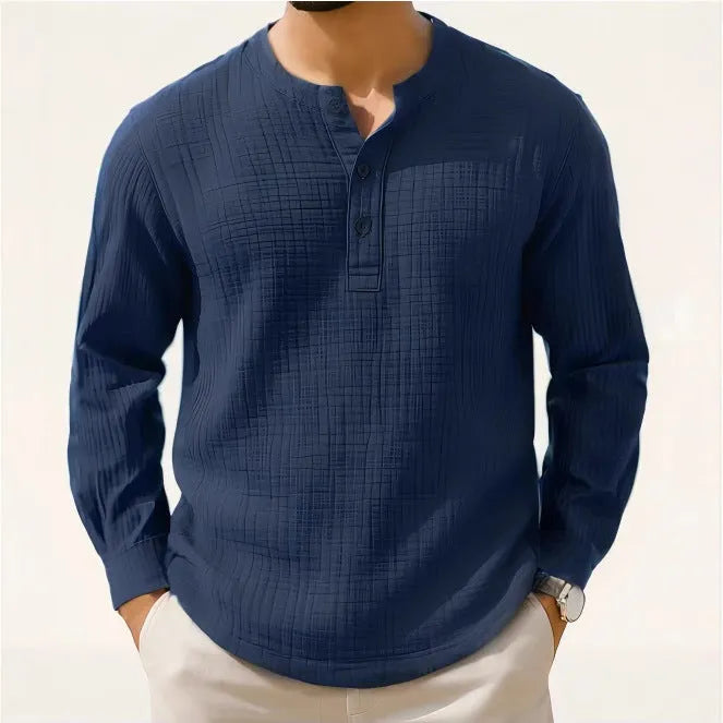 Cotton and linen long sleeve shirt round neck slim fit in solid colour for teenagers