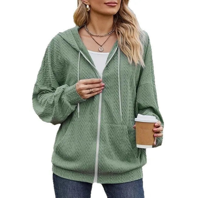 Green women's hooded sweater coat with zipper in loose Japanese Korean style