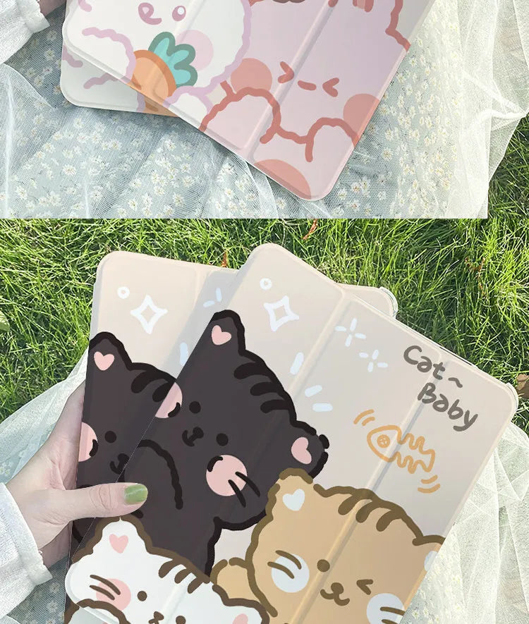iPad silicone tri-fold protective case showing rabbit cartoon pattern design
