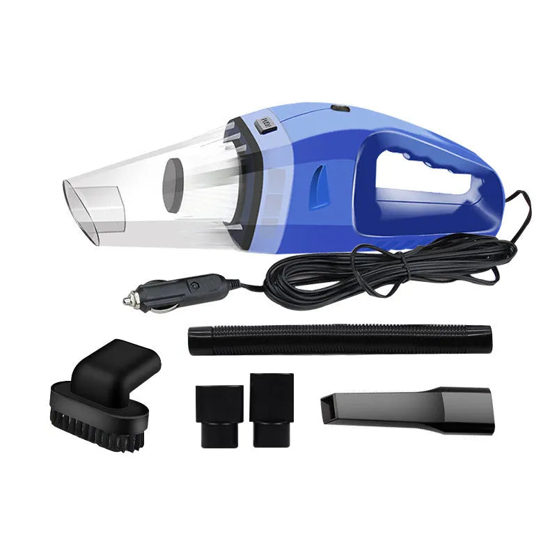 Orange and black 12V portable handheld car vacuum cleaner with nozzles on a car seat.