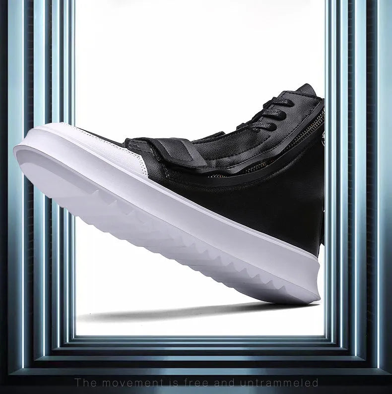 PU leather men's winter ankle boots in black and white colours with high-top sneakers style