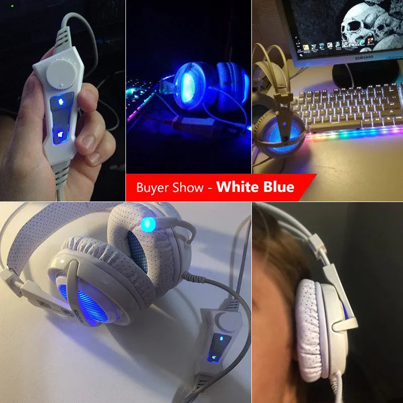 Black and white 7.1 channel USB gaming headset with RGB lights on ear cups and padded headband.