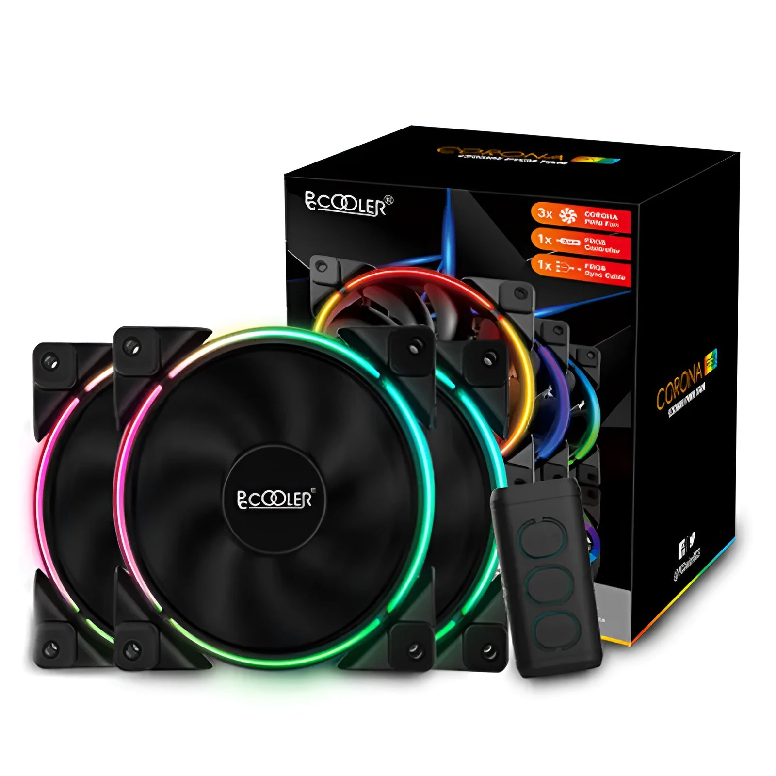 Three 120mm black PC chassis fans with RGB lighting, showing fan blades and hydraulic bearing construction