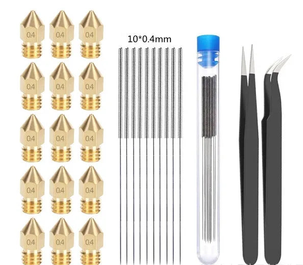 MK8 brass 3D printer nozzle and stainless steel cleaning pin kit on a white background