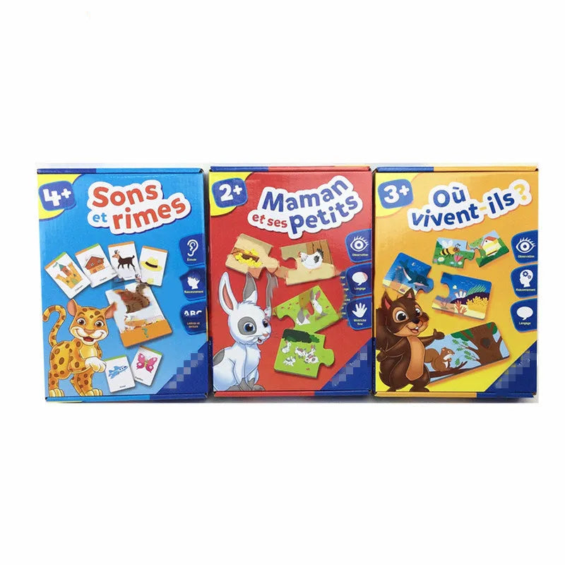 French puzzle toy set with 12 pair thickened hard paper mosaic pieces for learning words