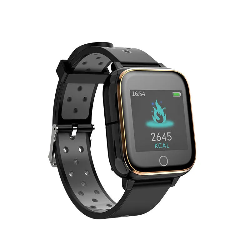 Black smart watch with integrated Bluetooth earbuds showing heart rate monitoring display
