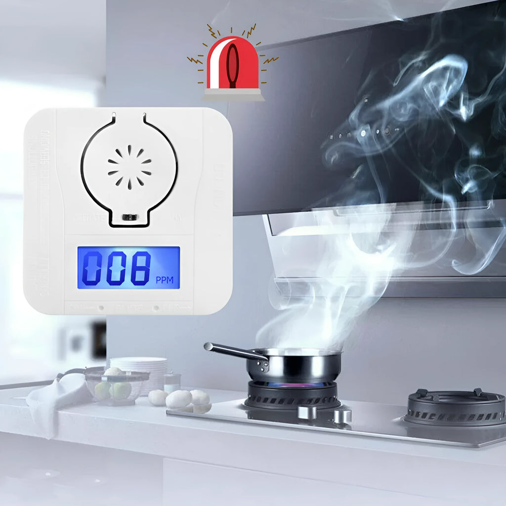 White wireless carbon monoxide alarm with wall mount bracket for home safety