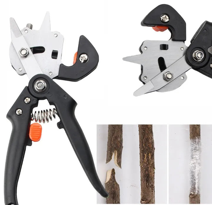 Handheld grafting scissors with black ABS handle and high carbon steel blade cutting a branch