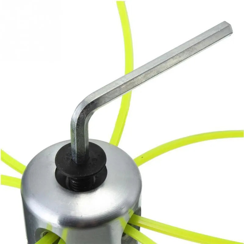 Silver aluminium lawn mower grass trimmer head with four light yellow square cords, wrench, and gasket