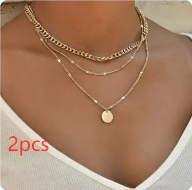 Women's multilayer disc pendant clavicle necklace in gold and silver alloy finish