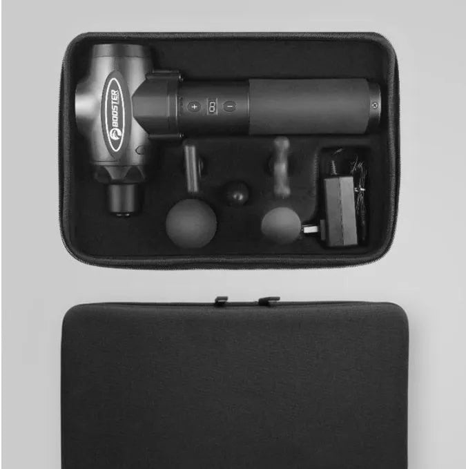 Black and white muscle massage gun with lithium battery showing 12mm stroke depth