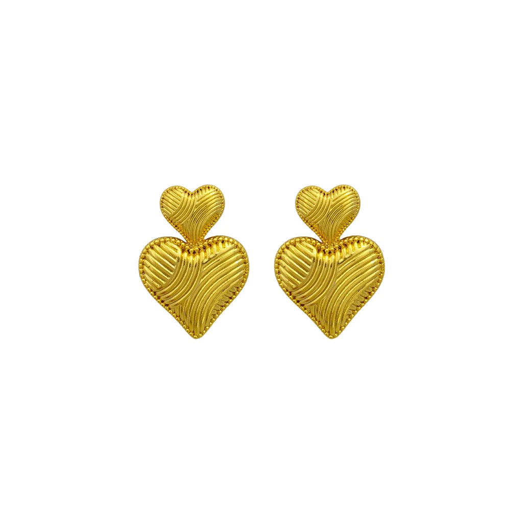 Double heart copper earrings with electroplated finish, available as ear clips or ear studs