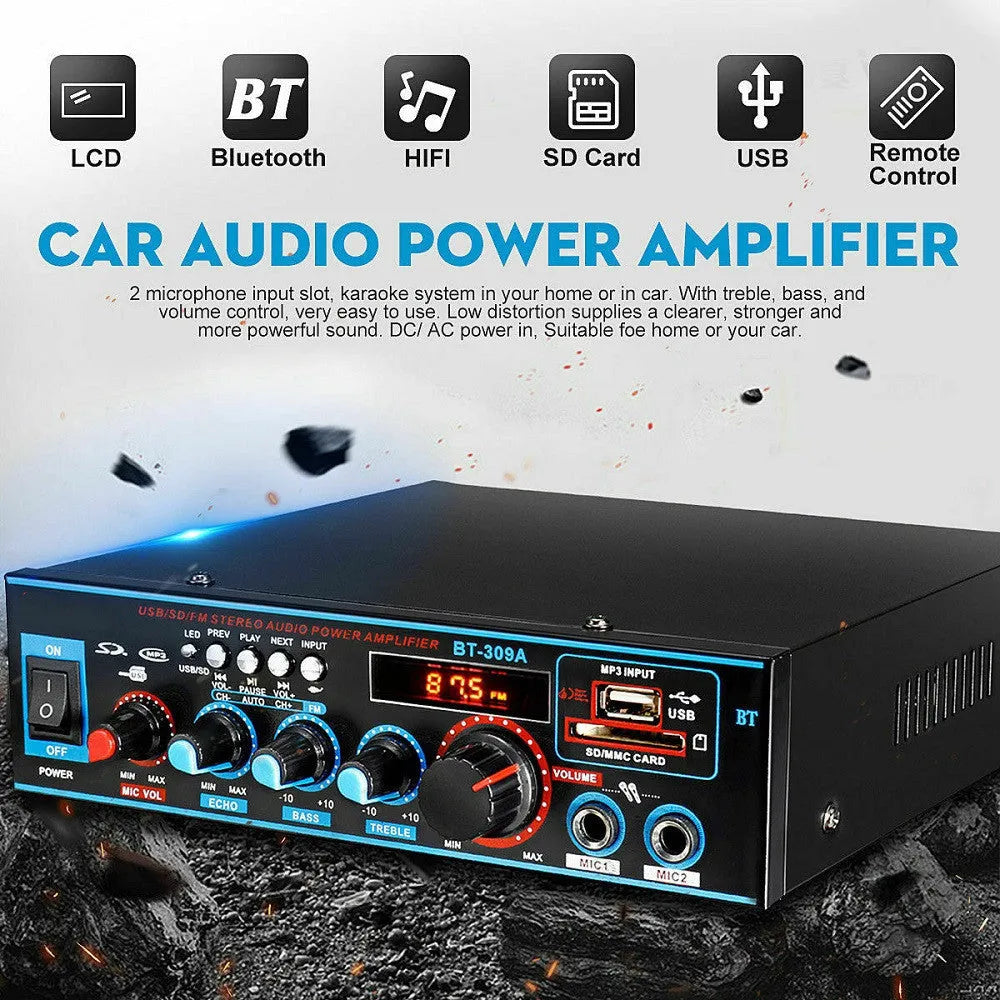 BT-309A-A black power amplifier with Bluetooth and FM functions for home and car audio systems