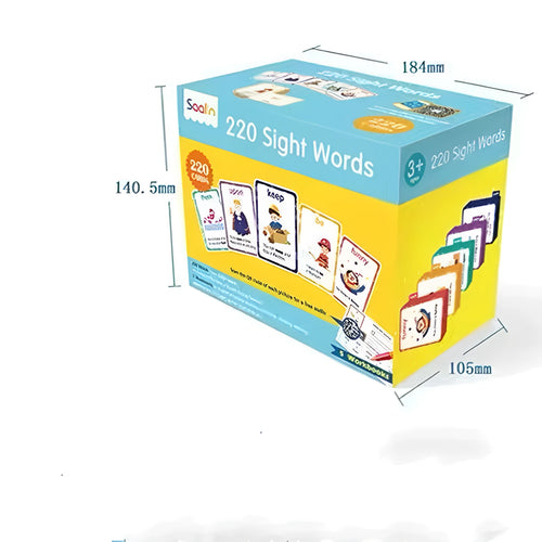220 High Frequency Word Gift Box Set showing coated paper flashcards and interactive workbooks for children's English education
