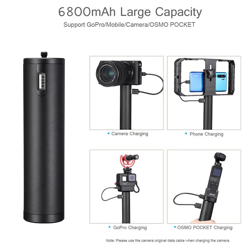 Black aluminium alloy charging treasure handle power bank measuring 12.5cm with 6800mAh capacity