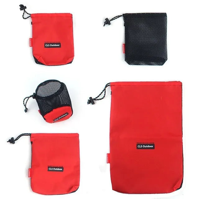 Set of five red outdoor travel storage bags made from Oxford cloth and mesh.