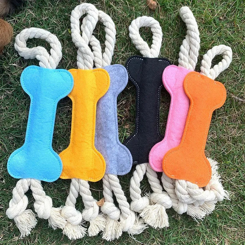 Bone-shaped dog toy with rope knot and felt, 16cm, in four colours