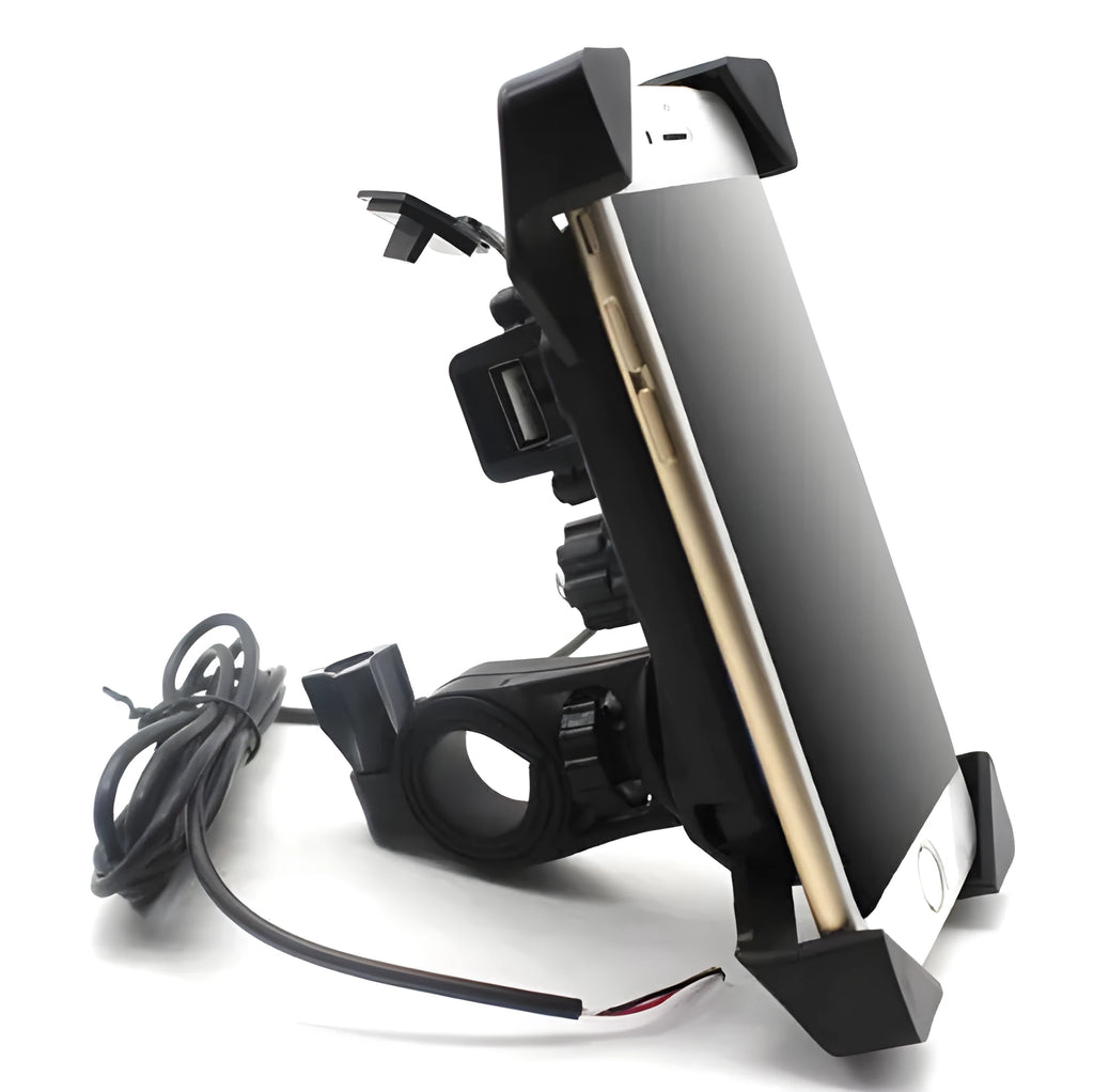 Black ABS motorcycle phone holder with USB charging cable mounted on handlebar