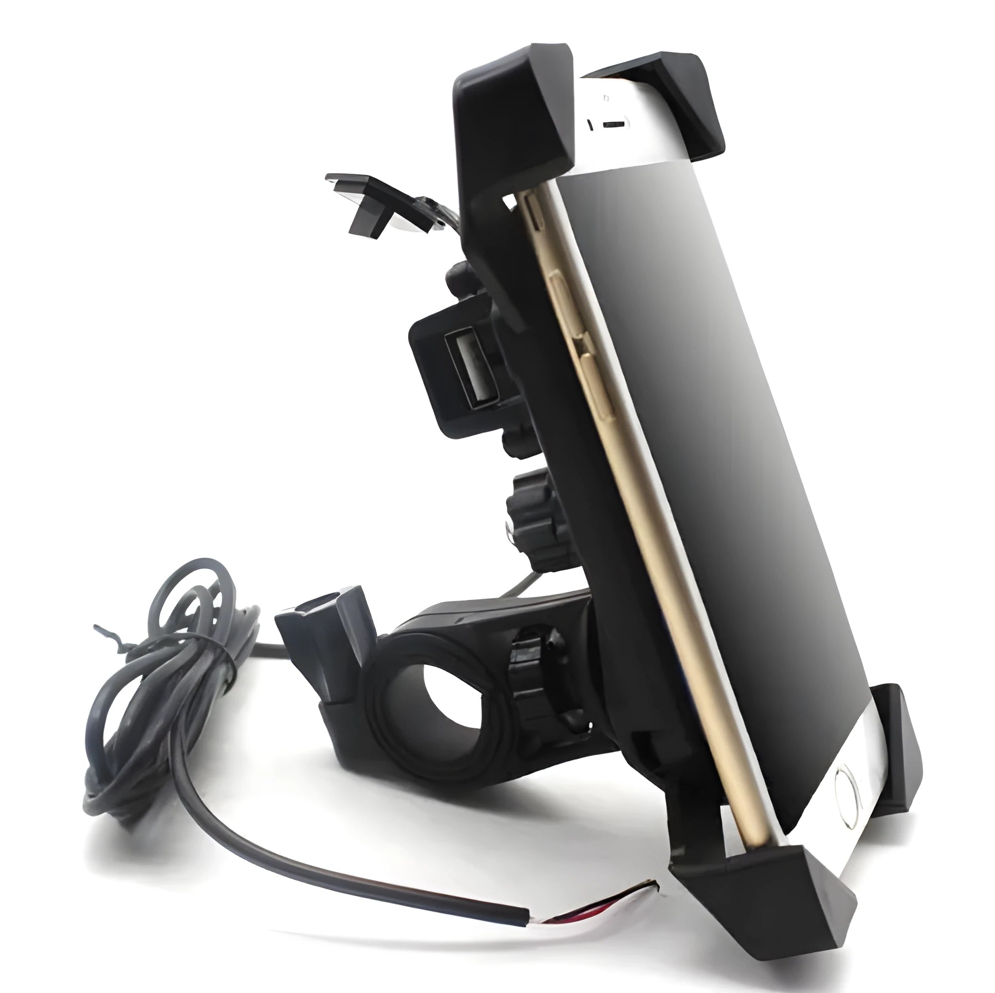 Black ABS motorcycle phone holder with USB charging cable mounted on handlebar