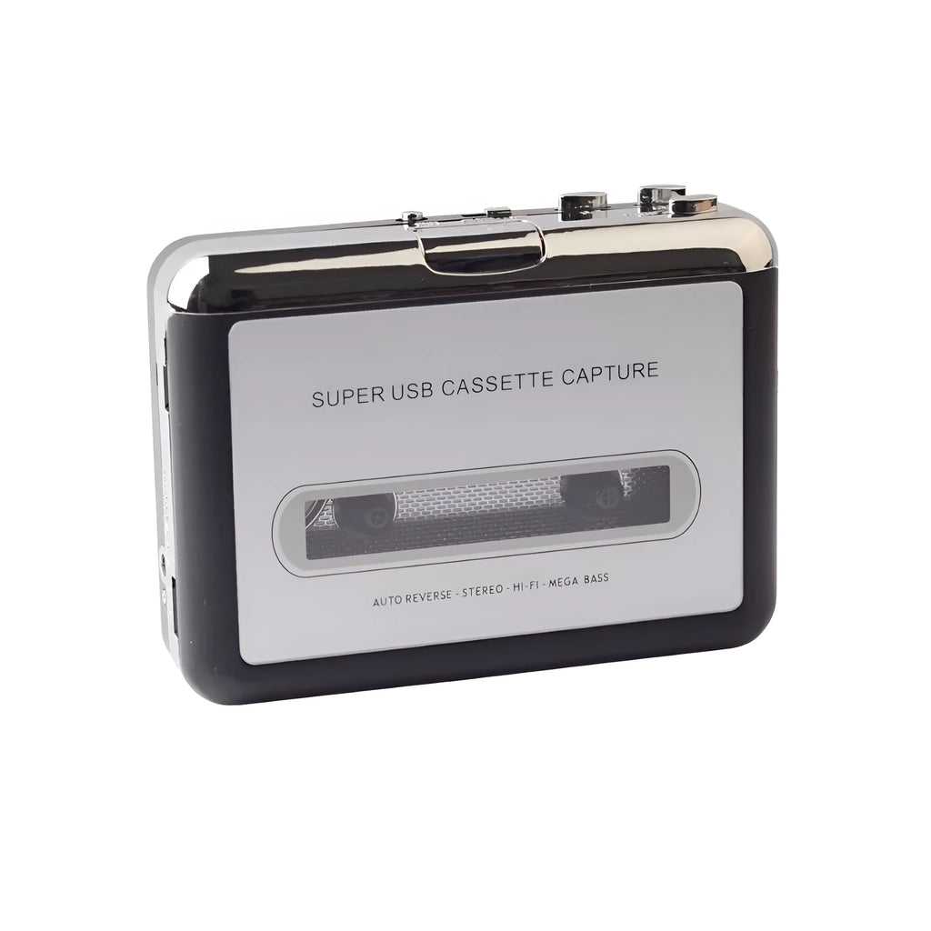 Compact black cassette to MP3 converter with USB cable on a desk next to a cassette tape.