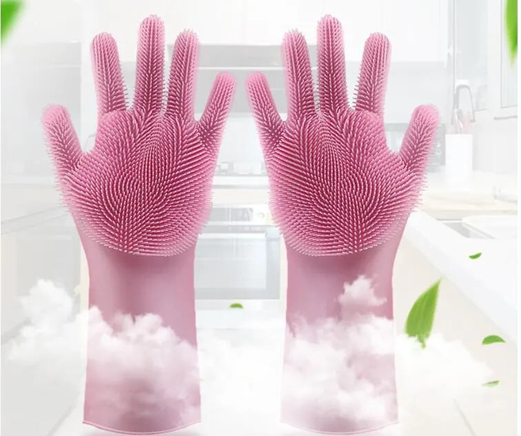 Silicone heat-resistant cleaning brush scrubbing gloves in blue with built-in sponge, non-slip, 357x165mm