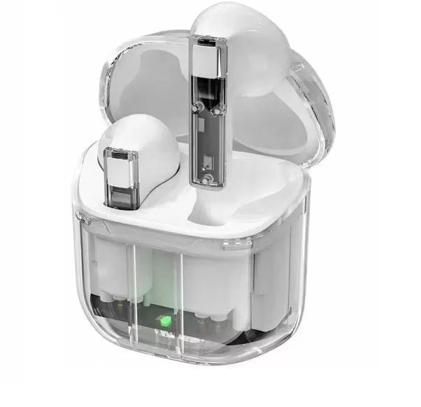 Transparent space capsule case Bluetooth headset with digital display screen showing battery level