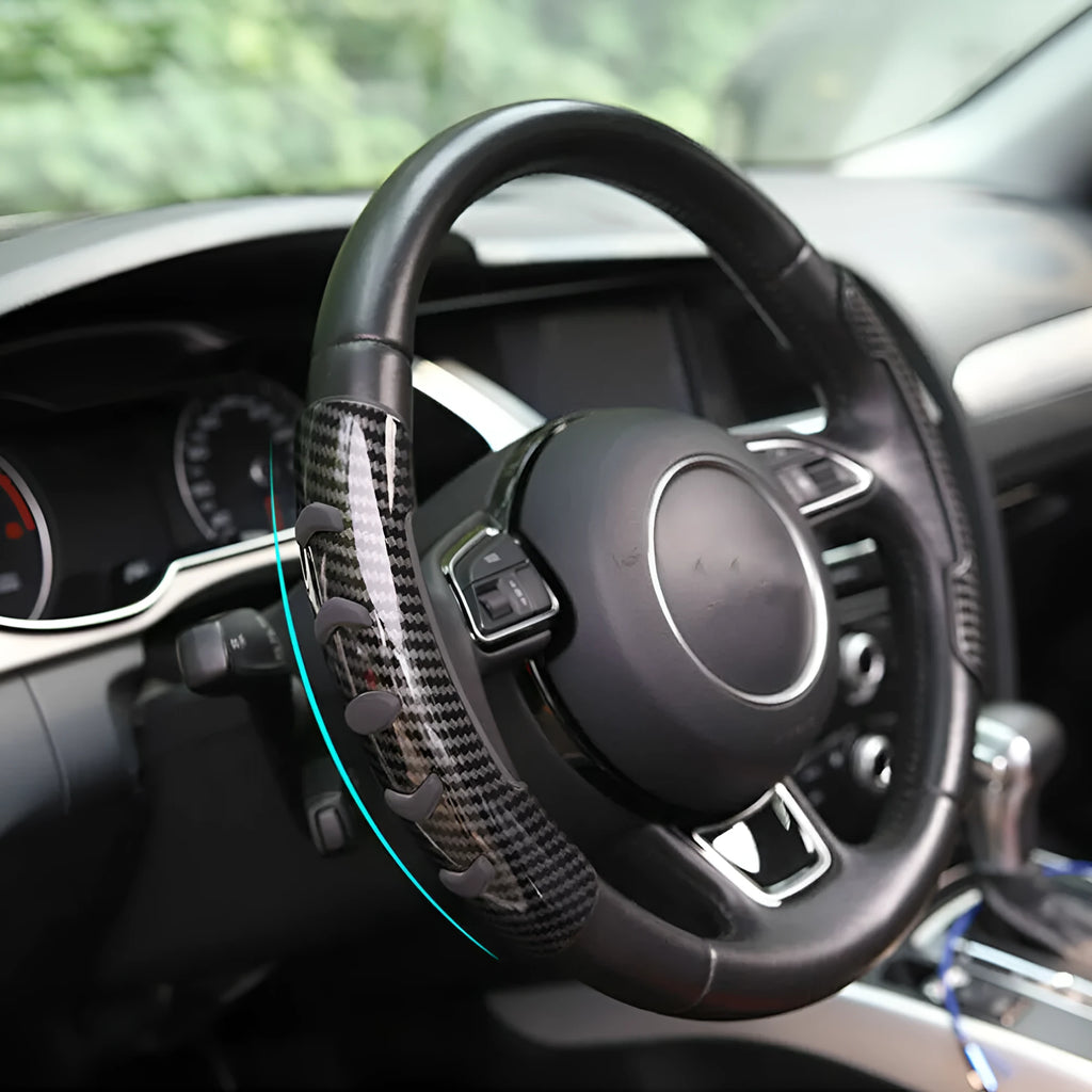 Carbon black fibre steering wheel anti-skid sleeve showing textured surface and 38cm diameter