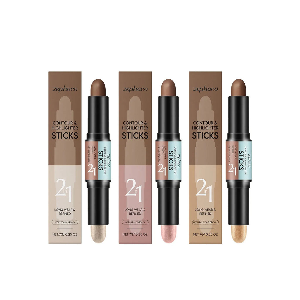 2-in-1 Outline Highlighter pen 7g in three shades natural light brown lotus root pink brown ivory white dark brown