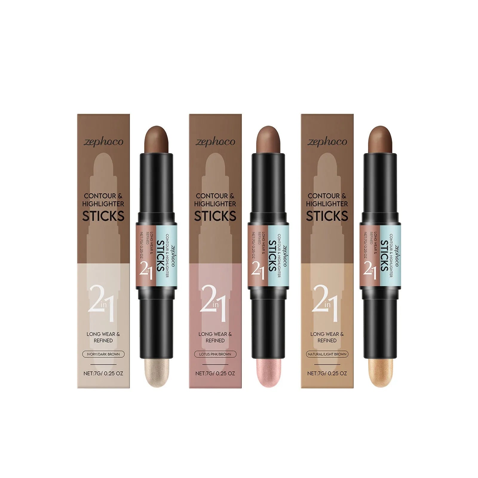 2-in-1 Outline Highlighter pen 7g in three shades natural light brown lotus root pink brown ivory white dark brown