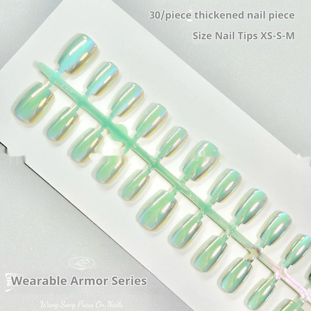 Electroplated Cat's Eye false nail set with aurora finishes in short ladder XS S M sizes
