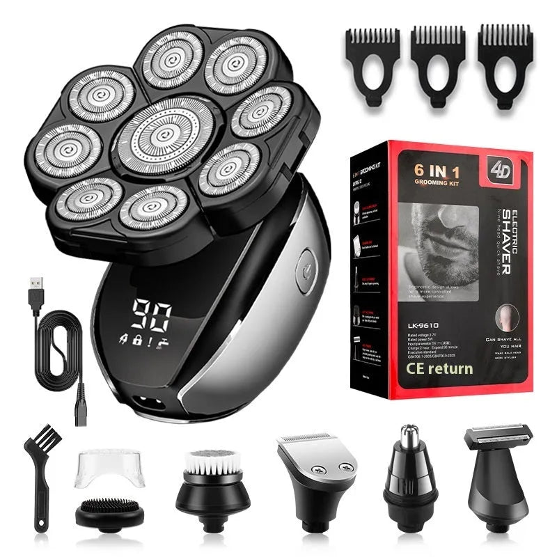 Black rechargeable 6-in-1 men's hair clipper and grooming kit with attachments on a stand