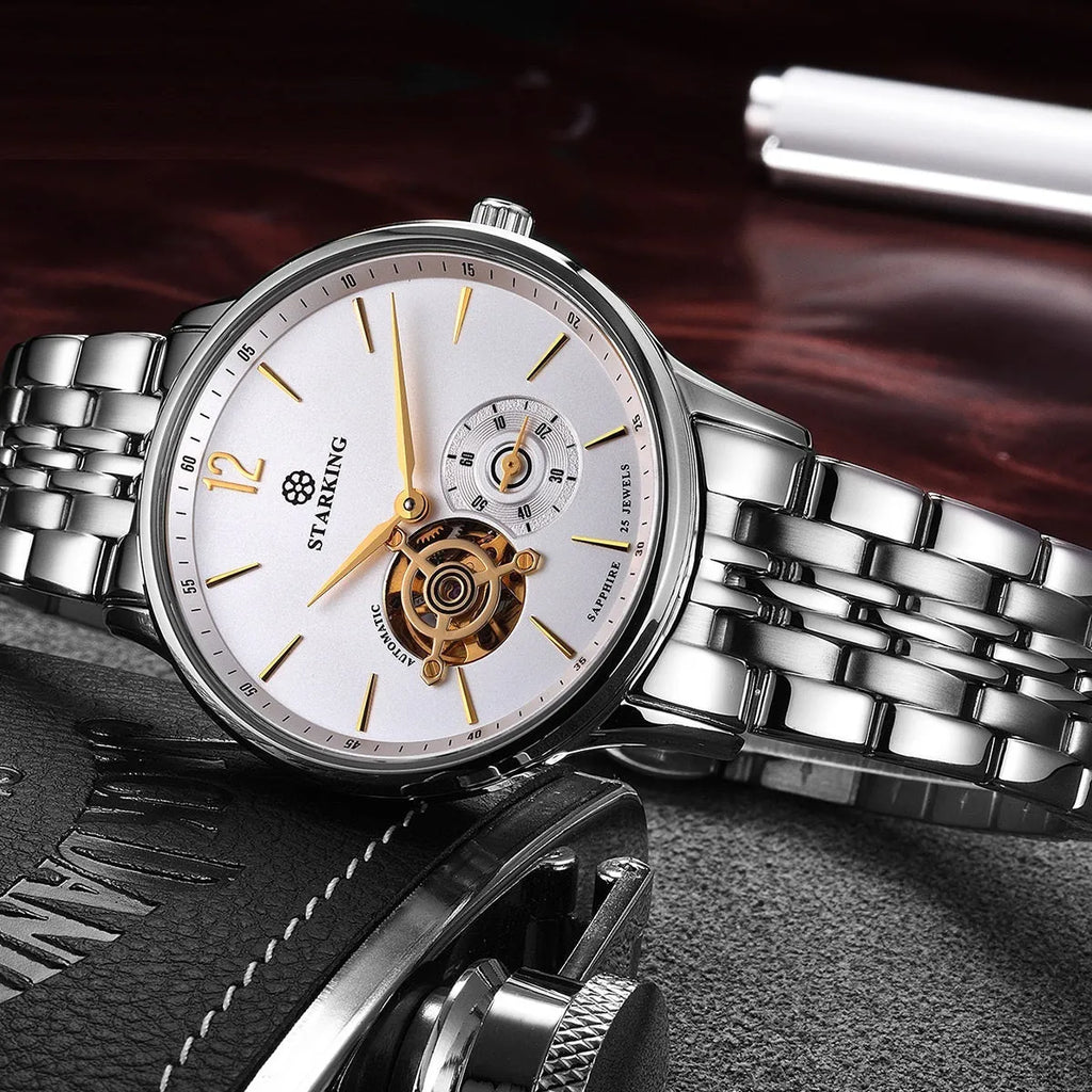 Automatic mechanical business men's watch with circular dial, sapphire crystal glass, and genuine leather strap