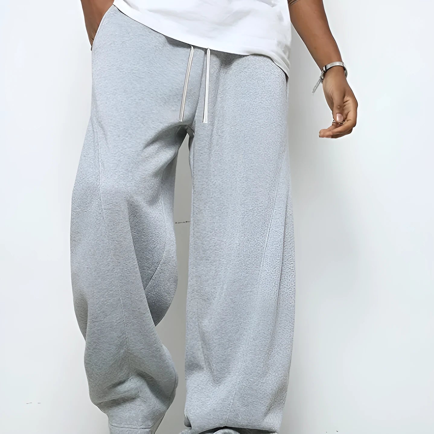 Men's straight leg casual trousers in polyester with drawstring waist in black, dark grey and light grey colours