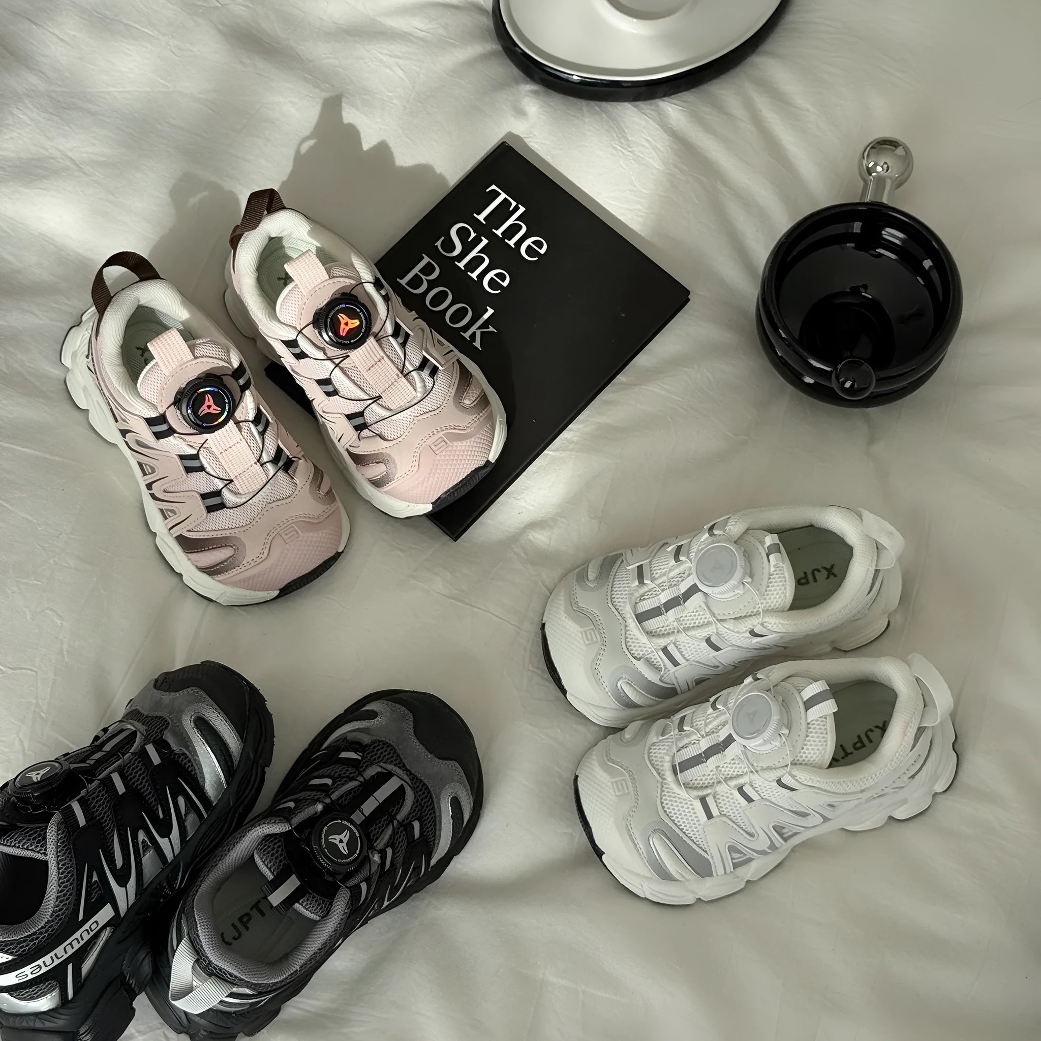 Fashion girls lightweight casual shoes in PU leather mesh, shown in solid black, beige, and pink colours.