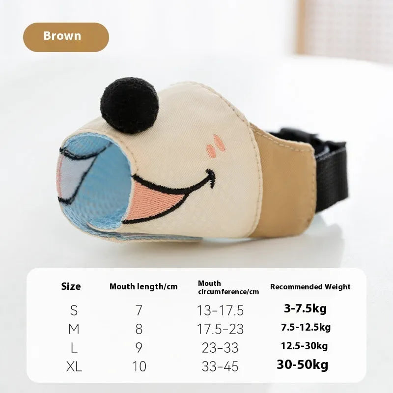 Canvas dog muzzle in Ollie Brown Bear and Bondi Blue Shark designs with sizing guide for dogs 3-50kg